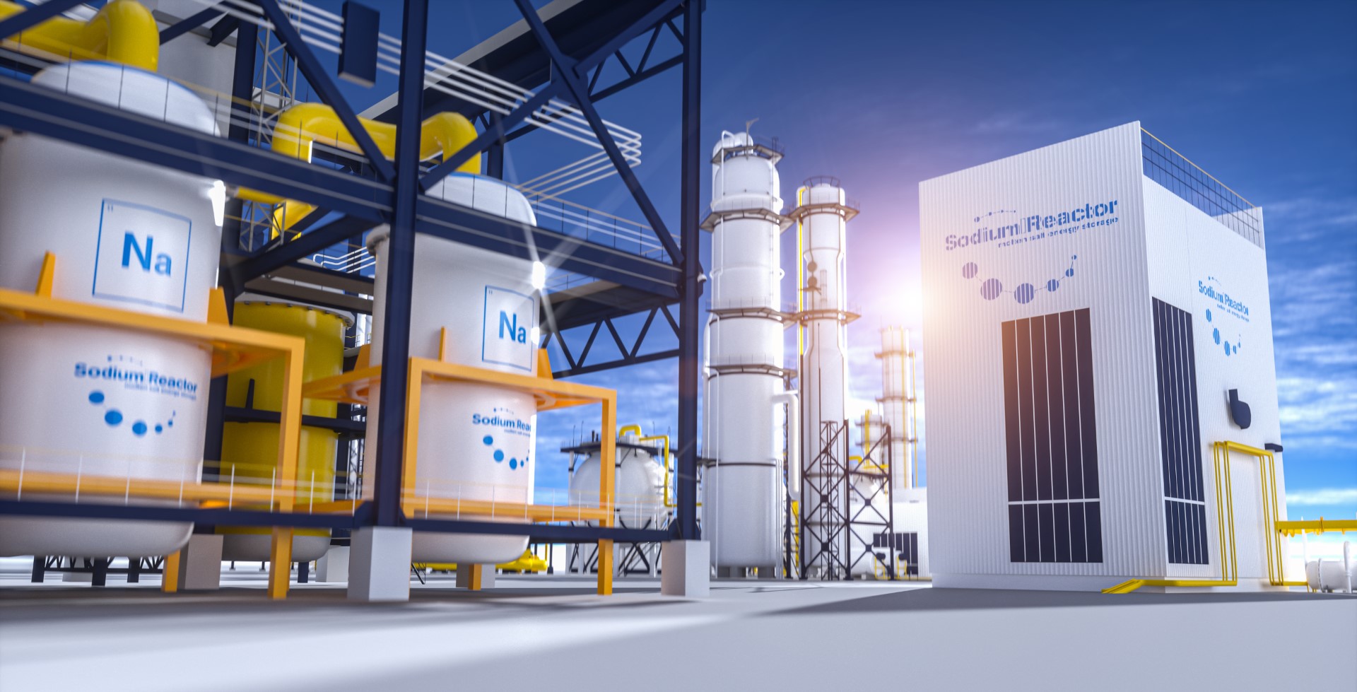 salt energy storage natrium sodium nuclear reactor power plant on a sunny day. Molden Salt energy storage is a future energy concept.